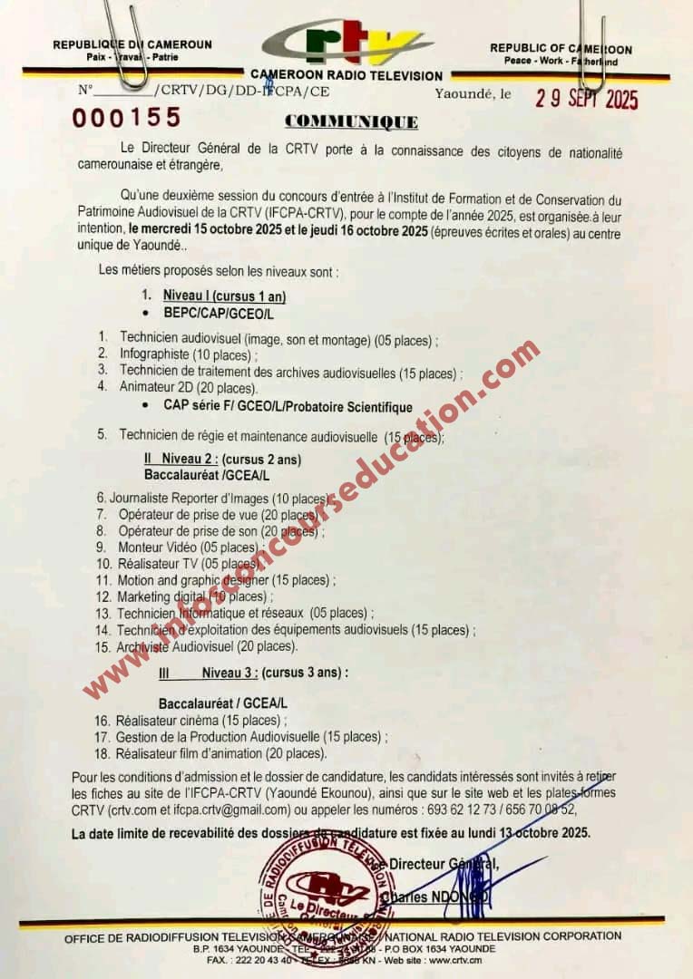 Arrêté Concours d'entrée à L'IFCPA-CRTV 2025