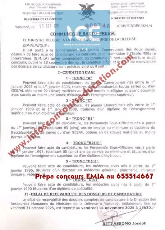 Report de la date limite de recevabilité des dossiers du concours d'entrée à l'école militaire interarmée (EMIA) 2025.