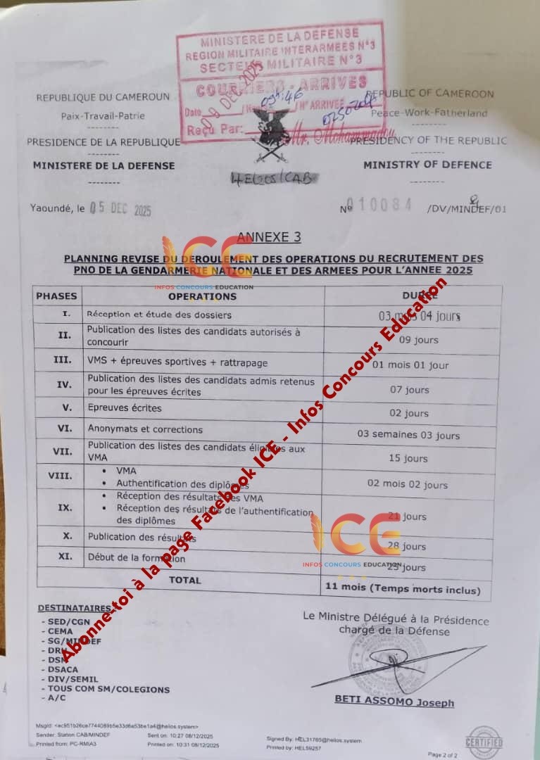 Planning révisé du déroulement concours MINDEF 2025