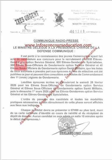 Concours Gendarmerie Cameroun 2025 : publication des listes des candidats autorisés aux épreuves écrites / concours mindef