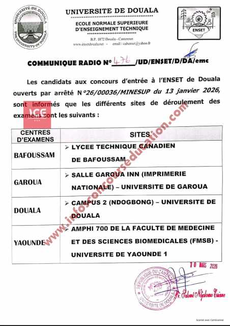 Centre de composition des candidats concours ENSET Douala 2026